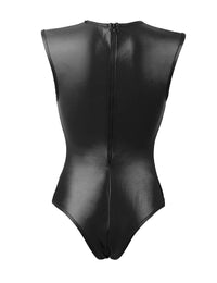 a woman wearing a black leather bodysuit