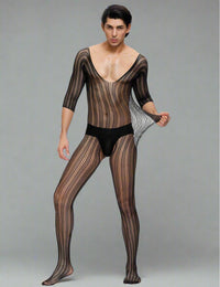 Black Striped Fishnet Bodystocking - Seductive Slopped Neck Crotchless Lingerie