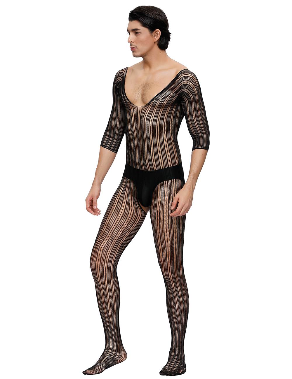 Black Striped Fishnet Bodystocking - Seductive Slopped Neck Crotchless Lingerie