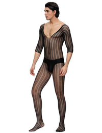 Black Striped Fishnet Bodystocking - Seductive Slopped Neck Crotchless Lingerie