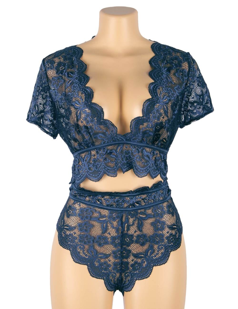 a female mannequin wearing a blue lingerie