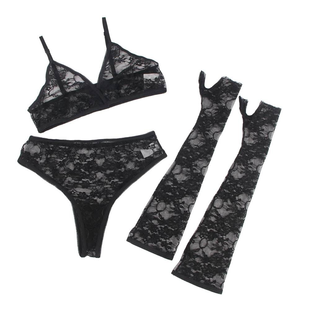 a black lingerie set with stockings and stockings