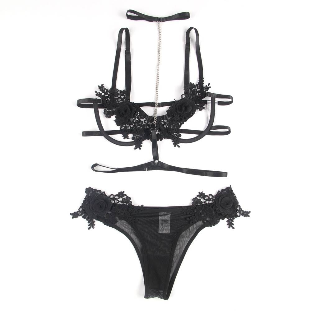 a woman's underwear with black lace and flowers