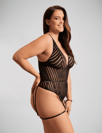 Scandals Black Striped Patterns Crossing Strap Back Design Bodysuit with Garter Belt Bodies & Teddies Scandals Lingerie
