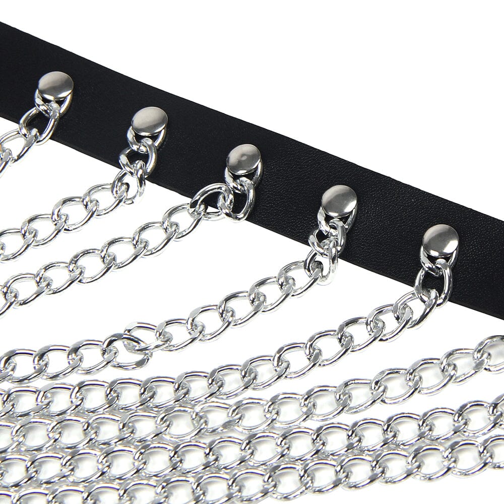 a row of silver chains on a black belt
