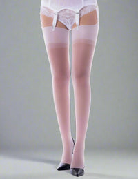 a woman in white stockings and high heels