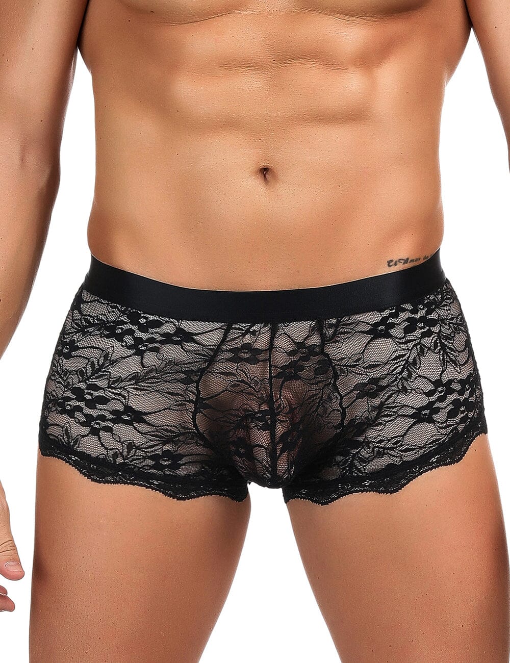 a man wearing a black lace underwear