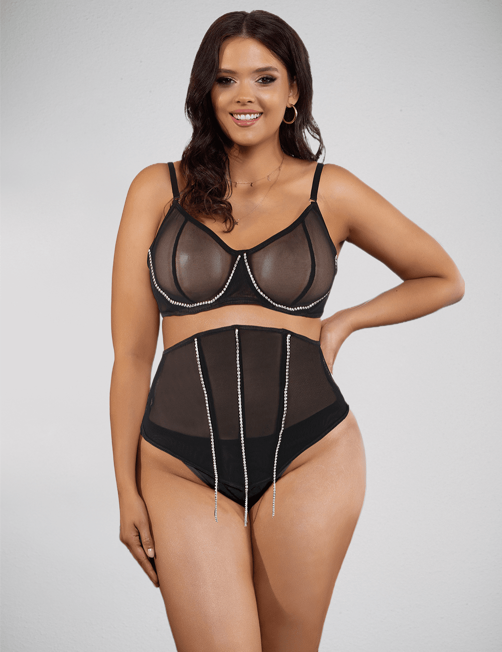 Scandals Boned Mesh Sexy Bra Set Diamond Stitching and Chain Lingerie Sets Scandals Lingerie