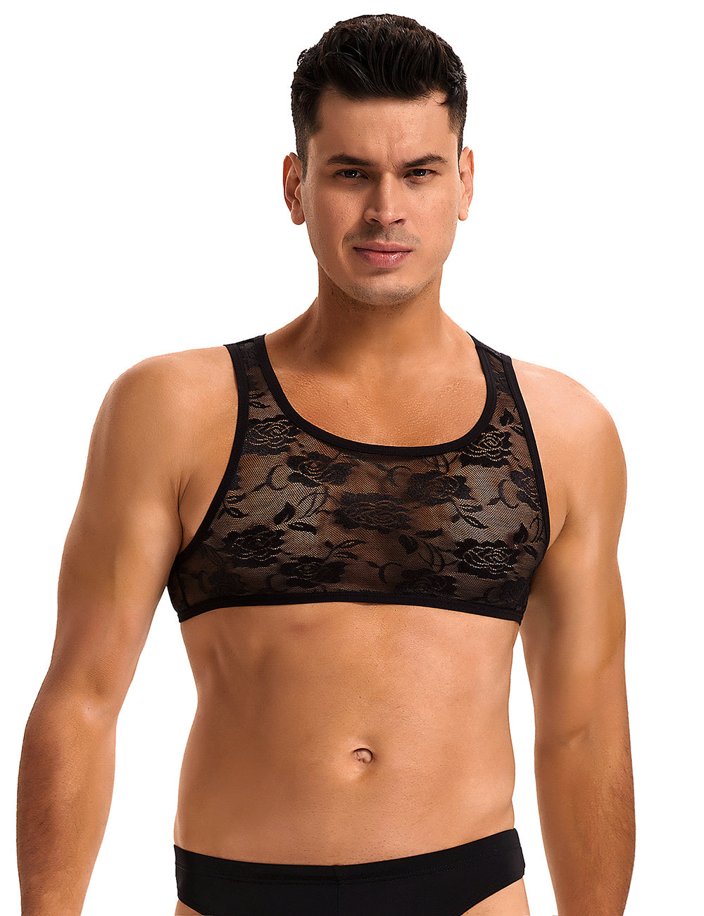 Elegant Black Men Sexy Lace Lingerie Top showcasing luxurious design and comfort, perfect for men seeking a stylish lace lingerie top.
