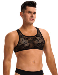 Luxurious Black Men Sexy Lace Lingerie Top exuding style and allure, perfect for discerning men seeking a fashionable men's lace lingerie top.