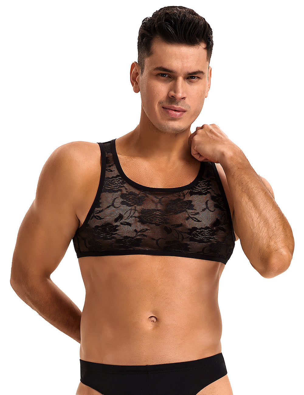 Sophisticated Black Men Sexy Lace Lingerie Top featuring premium lace detailing, ideal for confident men in search of a men's lace lingerie top.