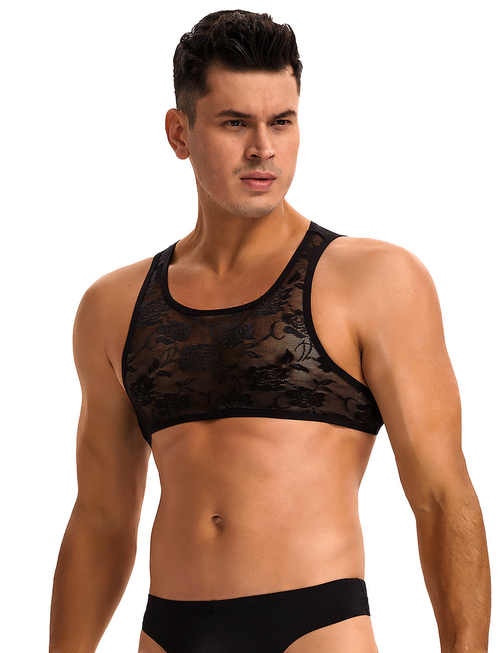 Premium Black Men Sexy Lace Lingerie Top with intricate lace patterns, designed for the modern man looking for a refined men's lace lingerie top.