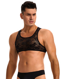Premium Black Men Sexy Lace Lingerie Top with intricate lace patterns, designed for the modern man looking for a refined men's lace lingerie top.