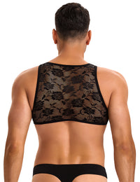 Stylish Black Men Sexy Lace Lingerie Top featuring exquisite lace craftsmanship, an essential men's lace lingerie top for a bold fashion statement.