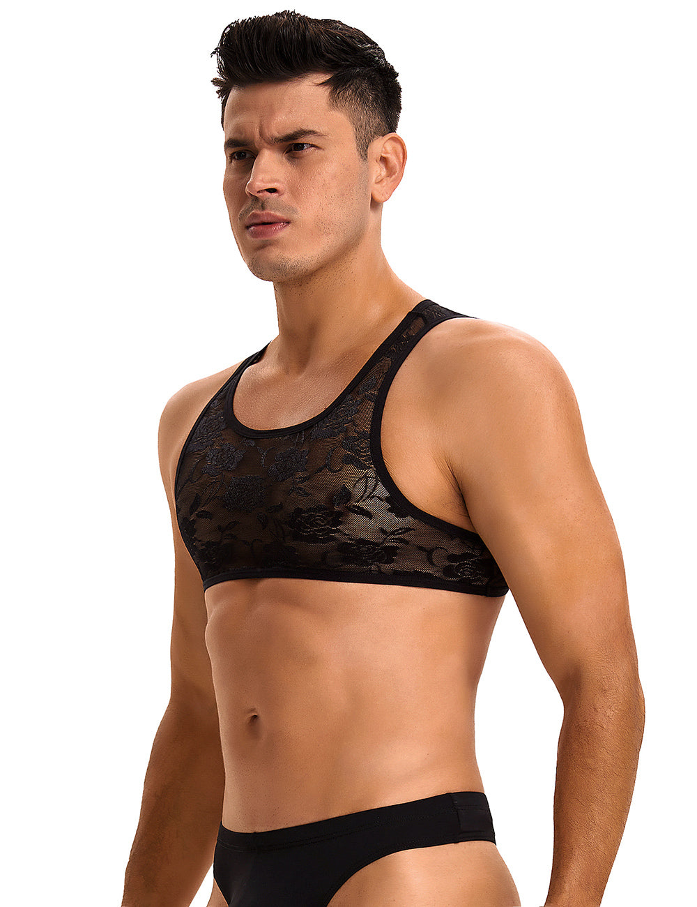 Chic Black Men Sexy Lace Lingerie Top offering a blend of comfort and elegance, a must-have men's lace lingerie top for sophisticated tastes.