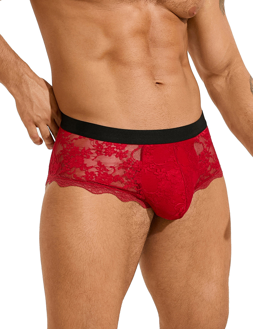 Model wearing Men's Sexy Lace See-Through Briefs by Scandals Menswear that enhance confidence and comfort in stylish men's briefs.