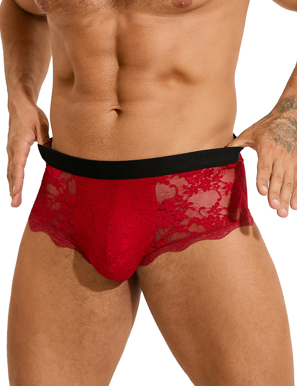 Stylish presentation of Men's Sexy Lace See-Through Briefs by Scandals Menswear, featuring seductive lace that redefines men's briefs.
