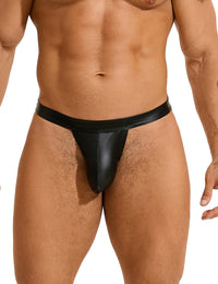 Men's Sexy Faux Leather Open Back Thong by Scandals styled for a contemporary wardrobe, representing the modern trends in men's faux leather thongs.