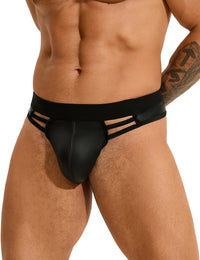 Black Sexy PU Leather Hollow Out Men Underwear showcasing a stylish cut-out design, perfect for the modern man seeking luxury and confidence.