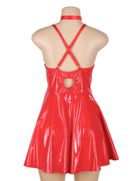 Sexy Deep V-Neck Wet Look Faux Leather Suspender Nightdress