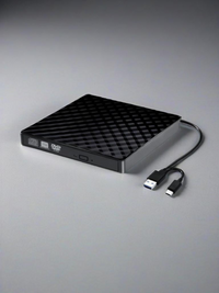 Elegant External DVD Drive, demonstrating wide compatibility and high-speed performance, ideal for burning and reading CDs and DVDs on various operating systems including OS, Windows, and Linux.