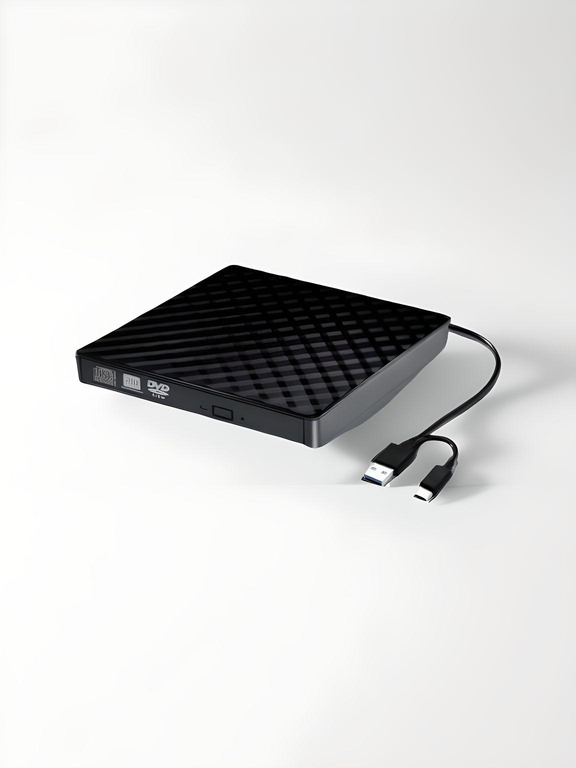 Stylish External DVD Drive showcasing its sleek design and functionality, perfect for laptop and desktop use. This 2 in 1 Type C & USB 3.0 Portable CD DVD Drive is essential for any Macbook or Windows user.