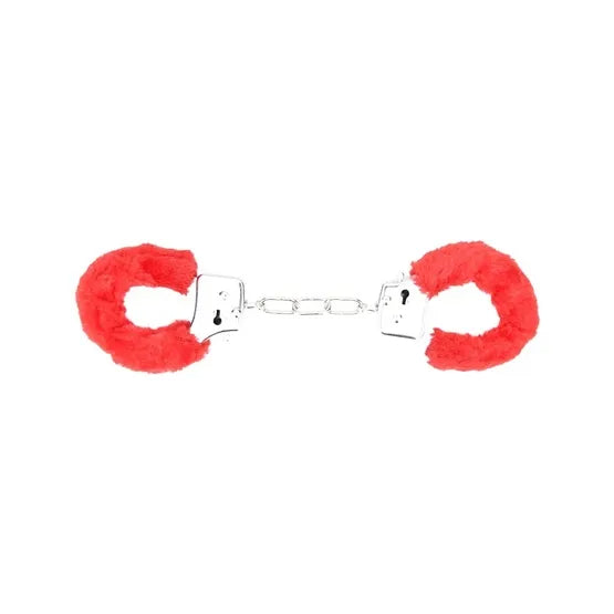 a pair of handcuffs with red fur on them