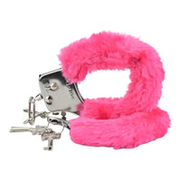 a pink furry handcuffs with keys attached to it