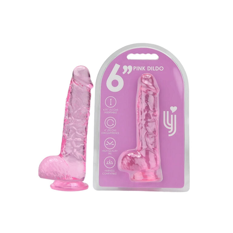 Product packaging for the 6" Loving Joy pink Jelly Crystal Dildo, showcasing its realistic texture and beautiful presentation.