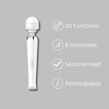 Loving Joy Rechargeable Magic Wand Vibrator White displayed with its 20 vibrating modes feature, designed for ultimate satisfaction.