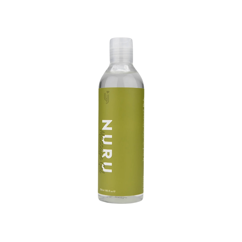 Close-up of Loving Joy Nuru Massage Gel bottle, showcasing its chic green label and hydrating formula for an indulgent massage experience.