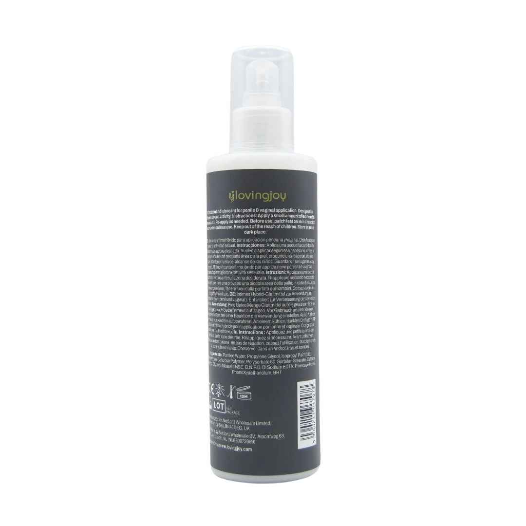 Back view of Loving Joy Silk Hybrid Lubricant 250ml spray bottle, featuring ingredient information and usage instructions in an elegant presentation.