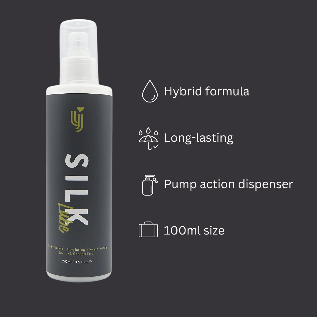 Loving Joy Silk Hybrid Lubricant 250ml, displayed with icons outlining its key features: hybrid formula, long-lasting, and pump action dispenser for a luxurious user experience.