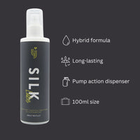 Loving Joy Silk Hybrid Lubricant 250ml, displayed with icons outlining its key features: hybrid formula, long-lasting, and pump action dispenser for a luxurious user experience.