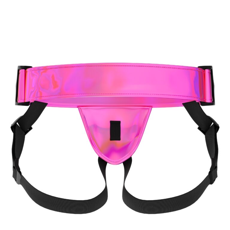 Mina Lustre Strap-On Harness displayed with adjustable straps, highlighting its versatility for all body types and sizes.