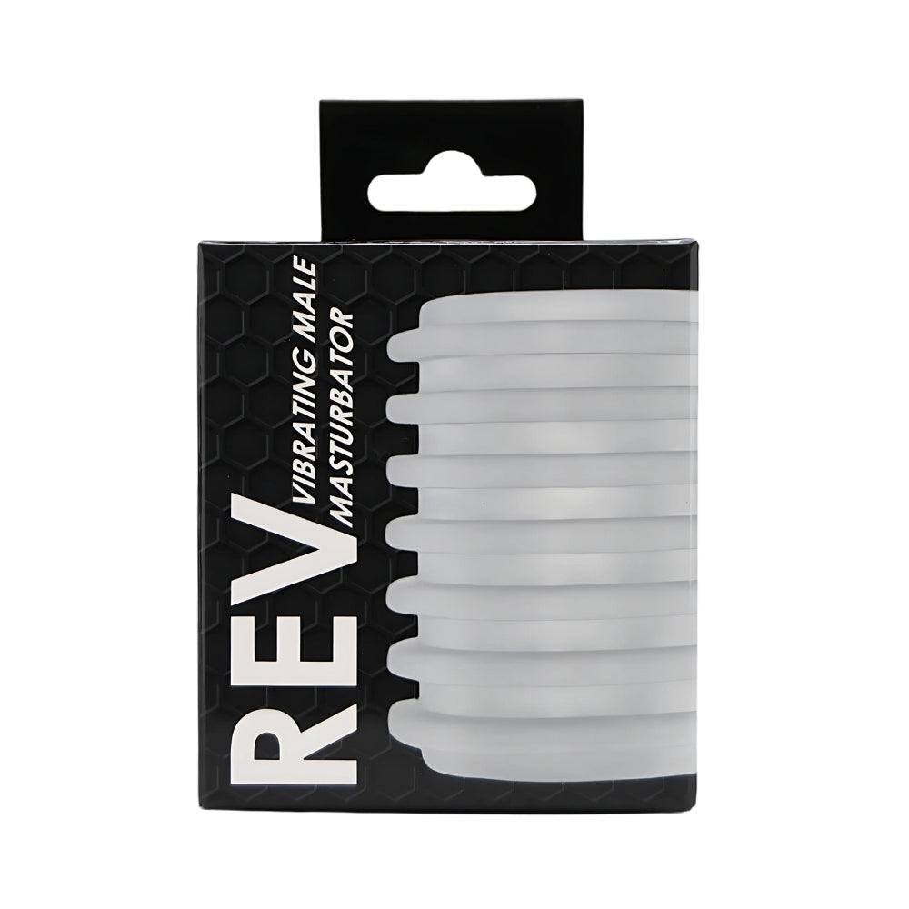 Elegant packaging of the Rev-Sleeves Vibrating Male Masturbator, highlighting its sophisticated design and premium materials for discreet enjoyment.