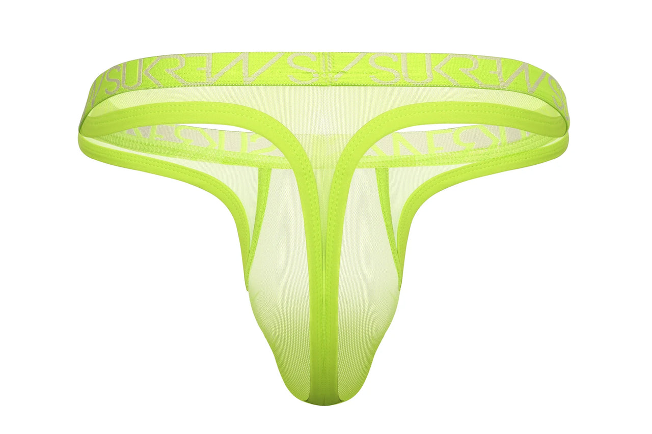 Elegant display of Sukrew Men's Sheer Low-Rise Thong in Acid Yellow, featuring super low-rise design and unlined stretch for a flawless fit. Perfect luxury men's thong.