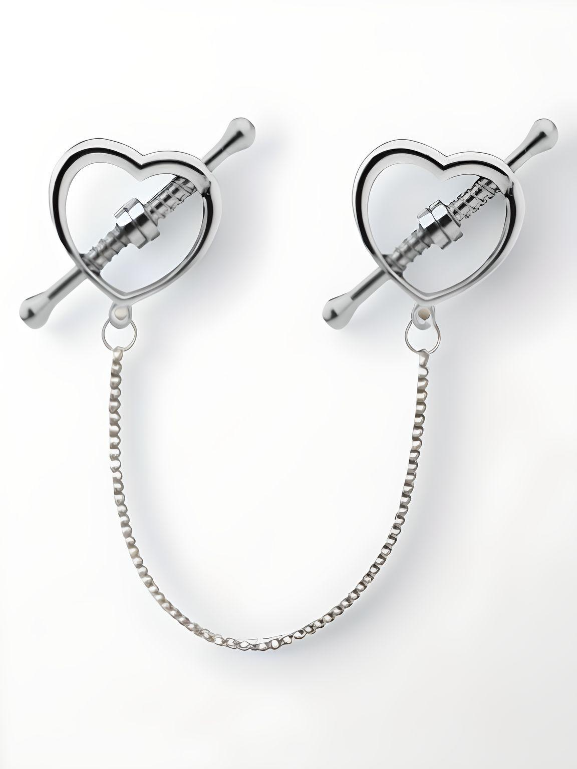 Heart Vice Nipple Clamps for Bondage with Chain – Smooth Finish, Stainless Steel, showcases elegant heart-shaped design, perfect for enhancing intimate play.