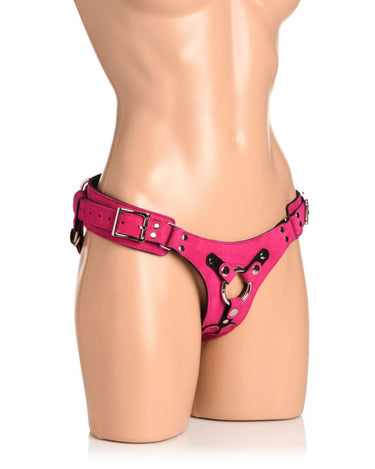 a female mannequin wearing a pink leather harness