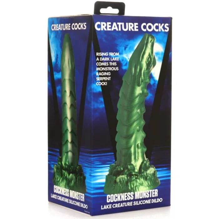Close-up of the Creature Cocks - Cockness Monster Lake Creature Silicone Dildo, emphasising its ribbed, scaly texture and premium silicone.