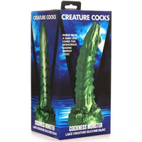 Close-up of the Creature Cocks - Cockness Monster Lake Creature Silicone Dildo, emphasising its ribbed, scaly texture and premium silicone.
