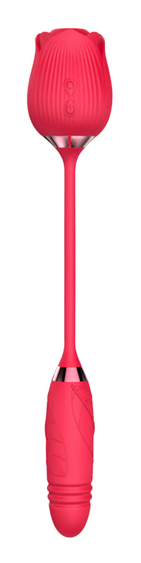 a woman laying on a bed with a vibrating device