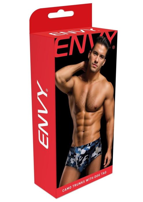 Fashionable Envy Camo Trunk with Dog Tag in navy, emphasizing edgy charm and confidence in camouflage design.