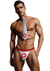 Envy 2 Piece Men's Nurse Costume Kit showcasing the elegant red and white ensemble, featuring a classic tie with a healthcare symbol, perfect for a luxurious men's nurse costume.