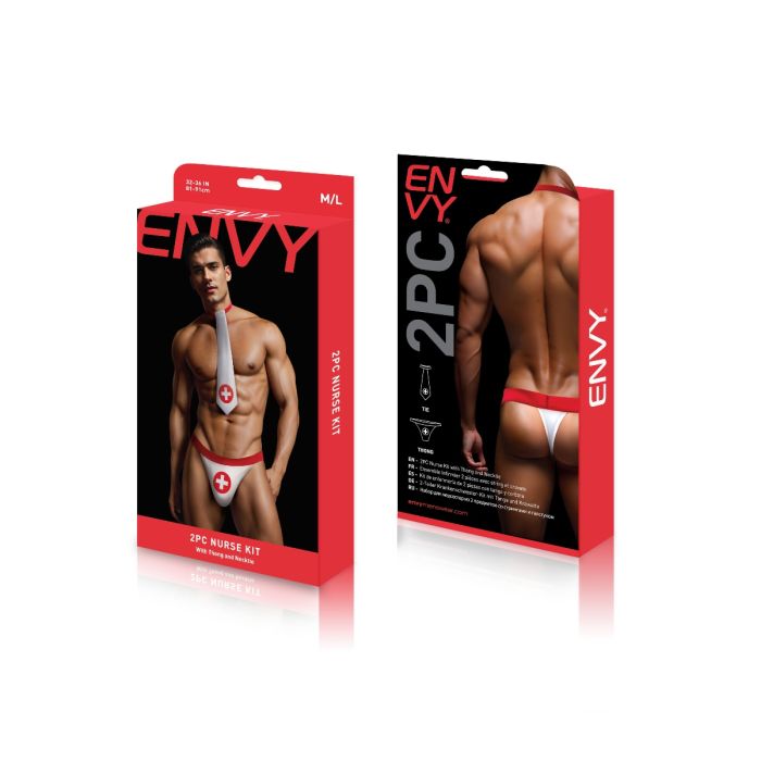 Full view of the Envy 2 Piece Men's Nurse Costume Kit, including the daring thong design that completes this luxurious men's nurse costume, blending fantasy and charm.