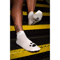 Fashionably styled Prowler RED Ankle Sock Just A Hole, set against a vibrant background, emphasizing its humorous motif.