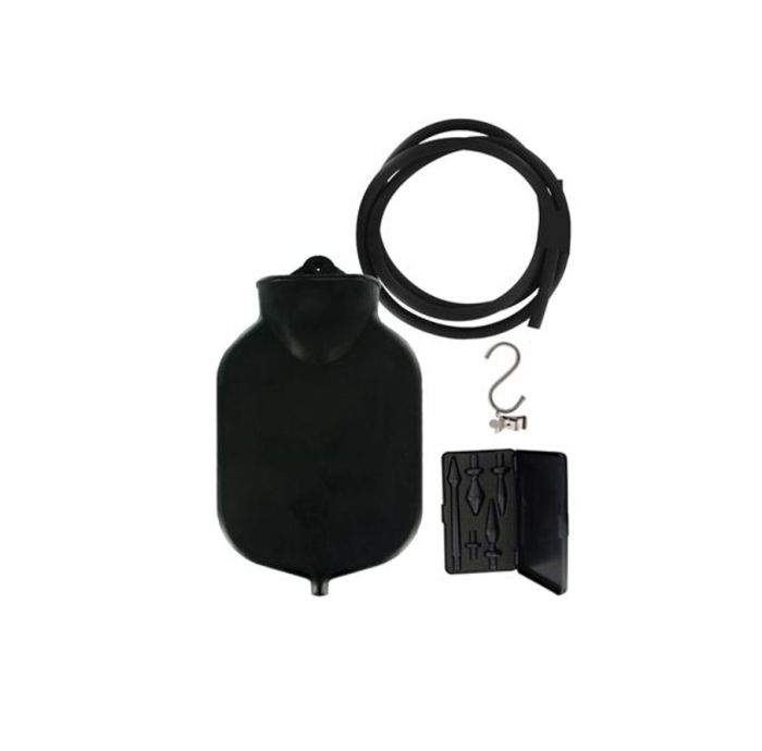 Master Series Deluge Deluxe Black Enema Set components including a rubber bag, hose, and enema tips, perfect for a comprehensive cleanse.