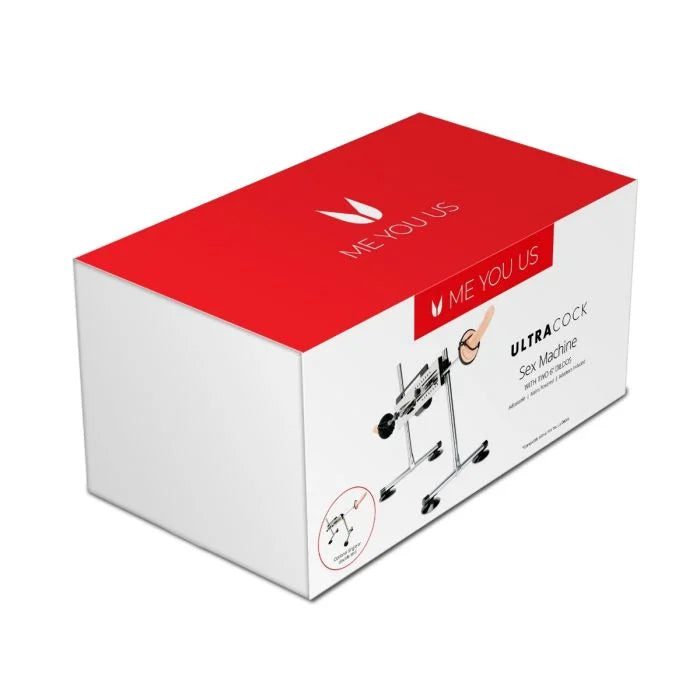 Elegant packaging of the UltraCock sex machine, showcasing the brand 'ME YOU US' with a monochrome illustration of the product.