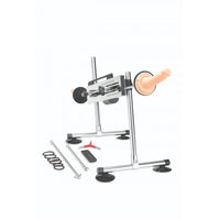 The adjustable sex machine with one realistic dildo, arranged for optimal use and featuring a sleek metallic design.