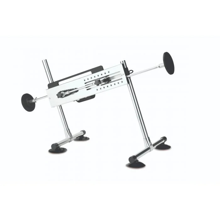 Profile view of the adjustable sex machine in an inclined position, highlighting its dual-ended functionality and stability.